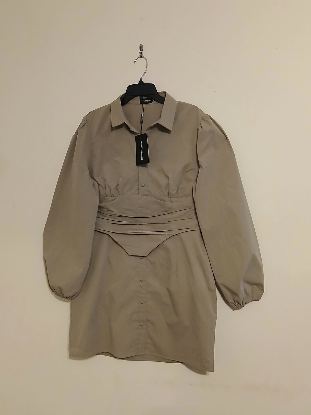 NWT Structured Waist Long Sleeve Shirt Dress in Taupe